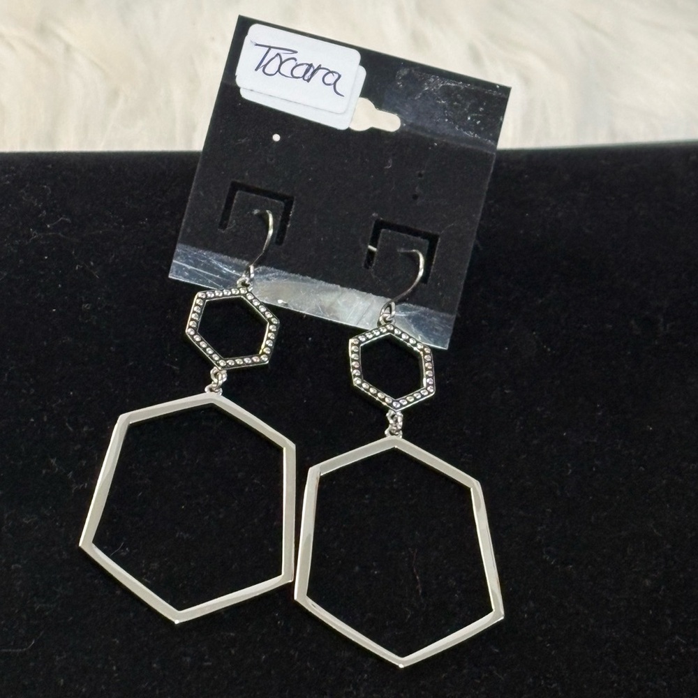 (221)Tocara Silver Hexagon Drop Earrings - Silver Stainless Steel